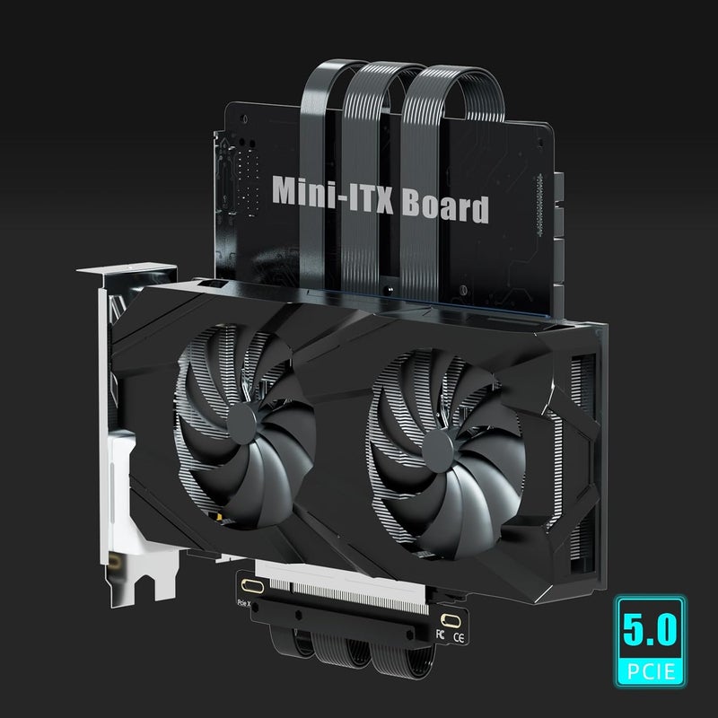 GLOTRENDS كابل ريسير مزدوج عكسي PCIE 5.0 للوحة الأم Mini-ITX (170x170mm) ، جاهز لـ RTX5090(Ti) RX9070(XT) GPU ، الطول 185mm ، لون أسود - Image 4